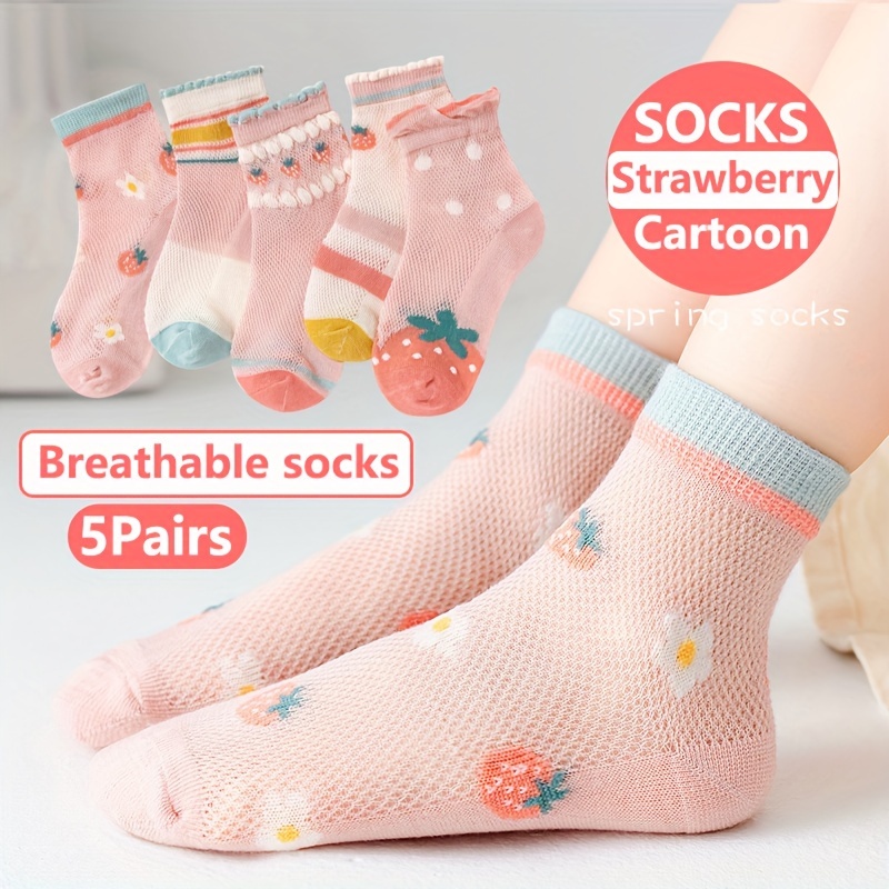 

5 Pairs Of Girl's Cartoon Strawberry Pattern Knitted Socks, Comfy Breathable Soft Crew Socks For Outdoor Wearing