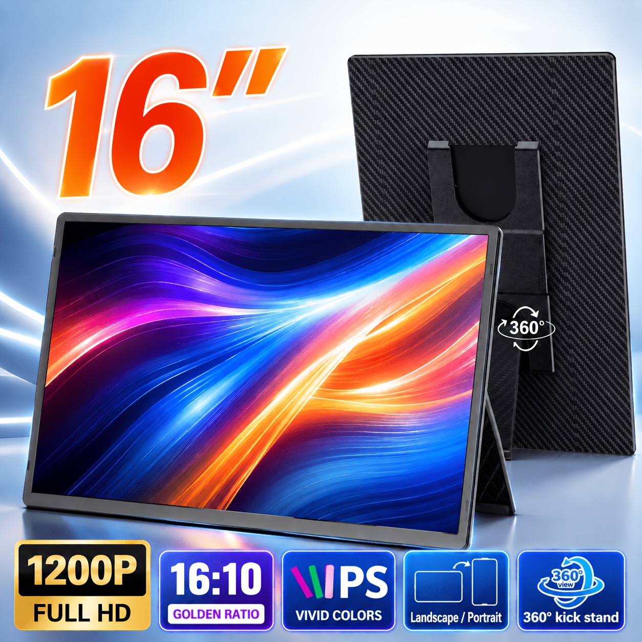 TEMU Portable Monitor For Laptop, 16" Fhd Dual Screen Extender, Ultra-thin Lightweight External Display, Usb-c Hdtv Plug And Play Second Monitor For