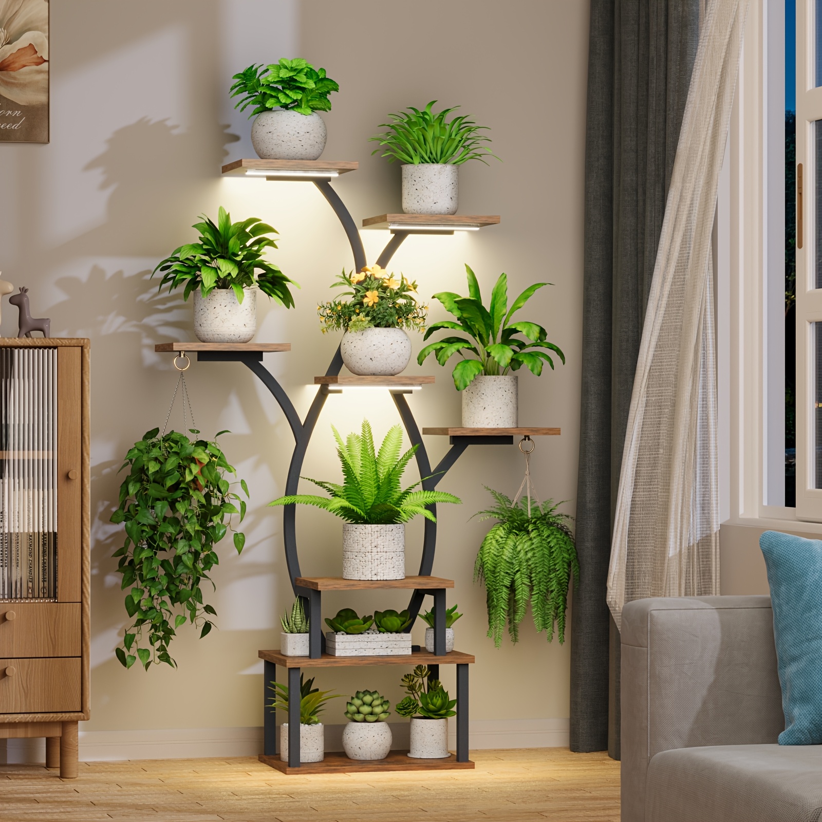 TEMU 1pc Indoor Plant Stand With Grow Lights, 8-tier Corner Small Display Stand, 48" Multi-functional Metal Display Shelf For Plants Curved-shaped