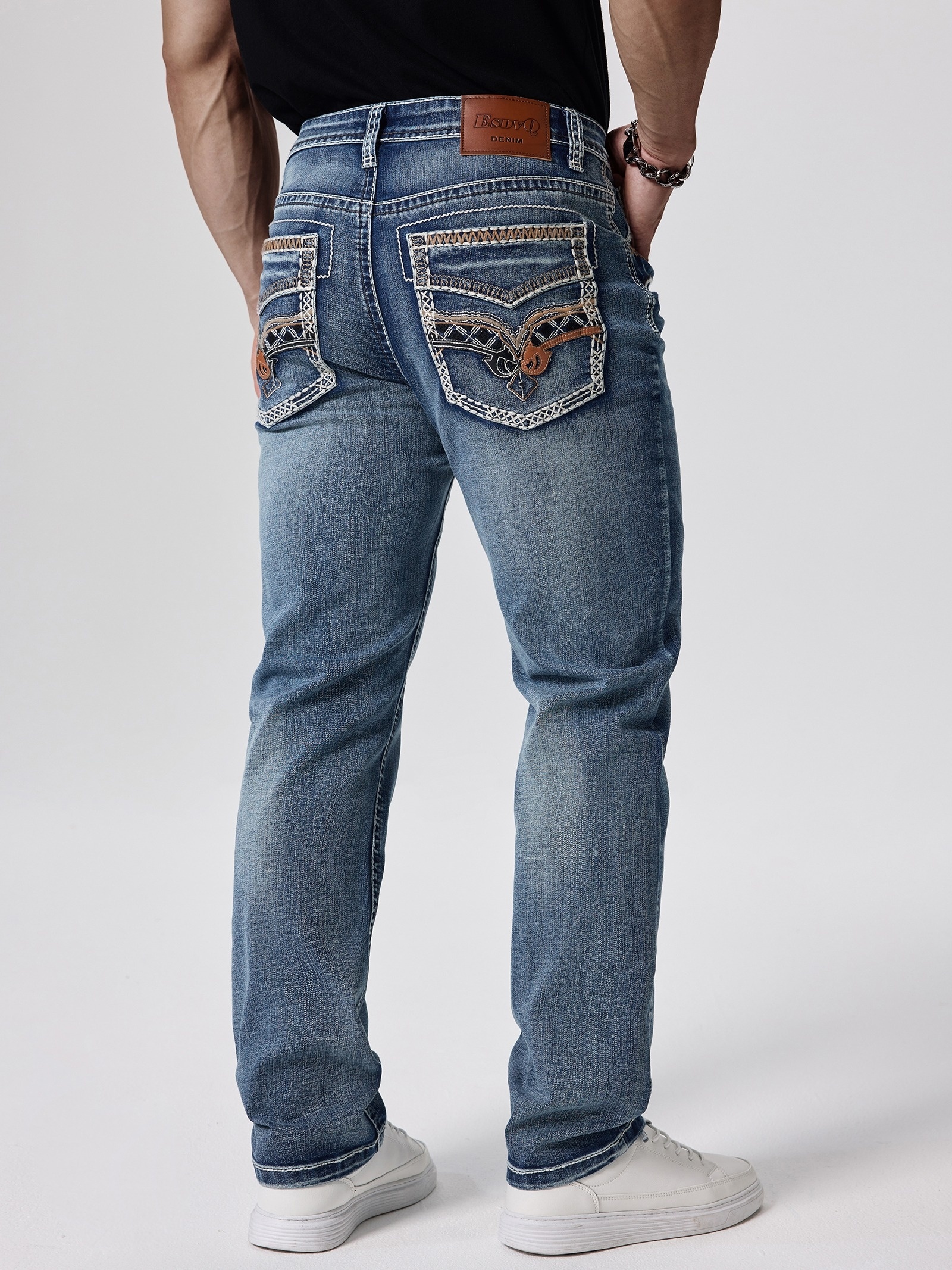 Men'S Thick-line Embroidered Slim And Stretchy Four-season Jeans