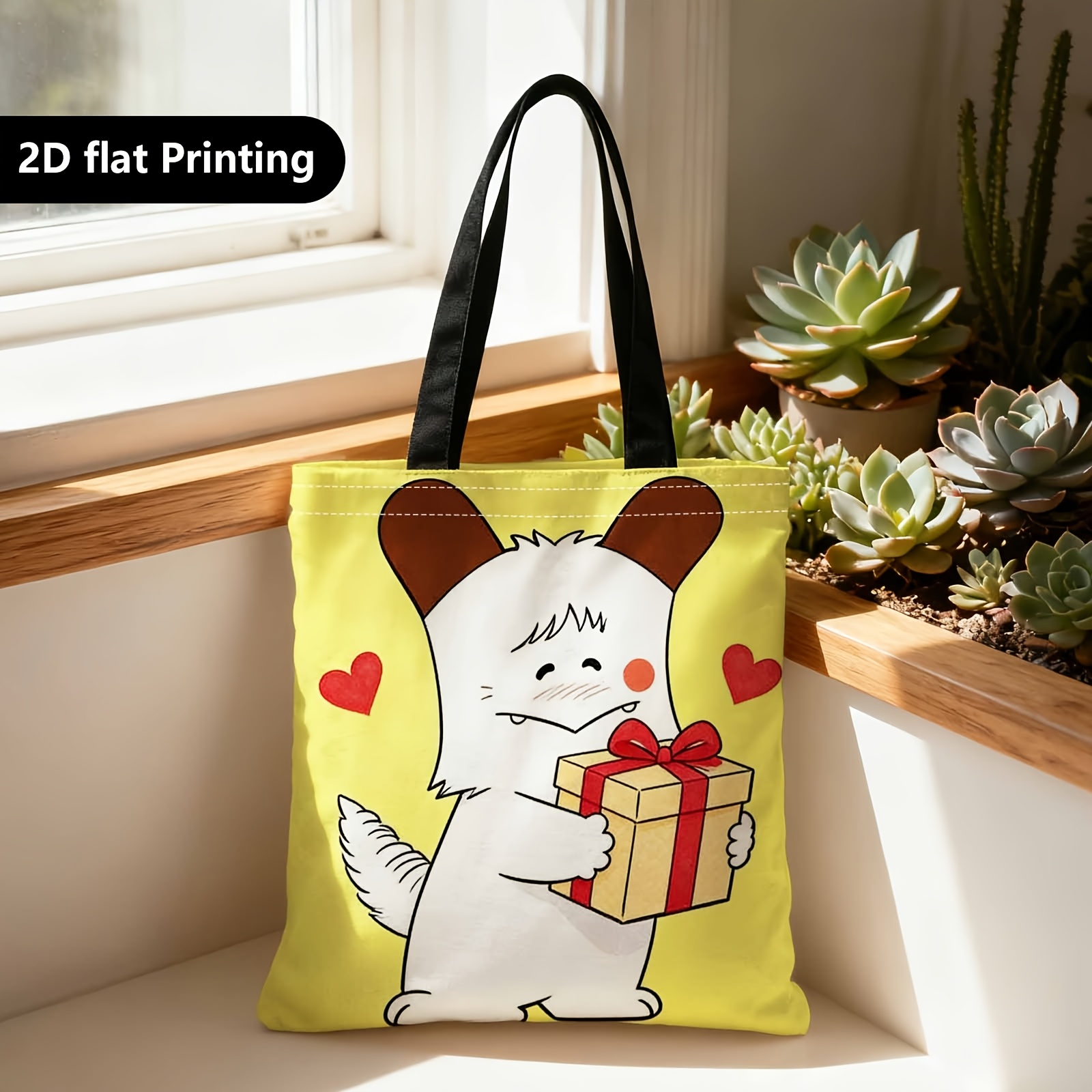 TEMU A Shopper's Tote, A Versatile On The Shoulder Or , Featuring A Cute Character Design Hearts. Ideal For Travel, Cosmetics, Holiday Storage, Home
