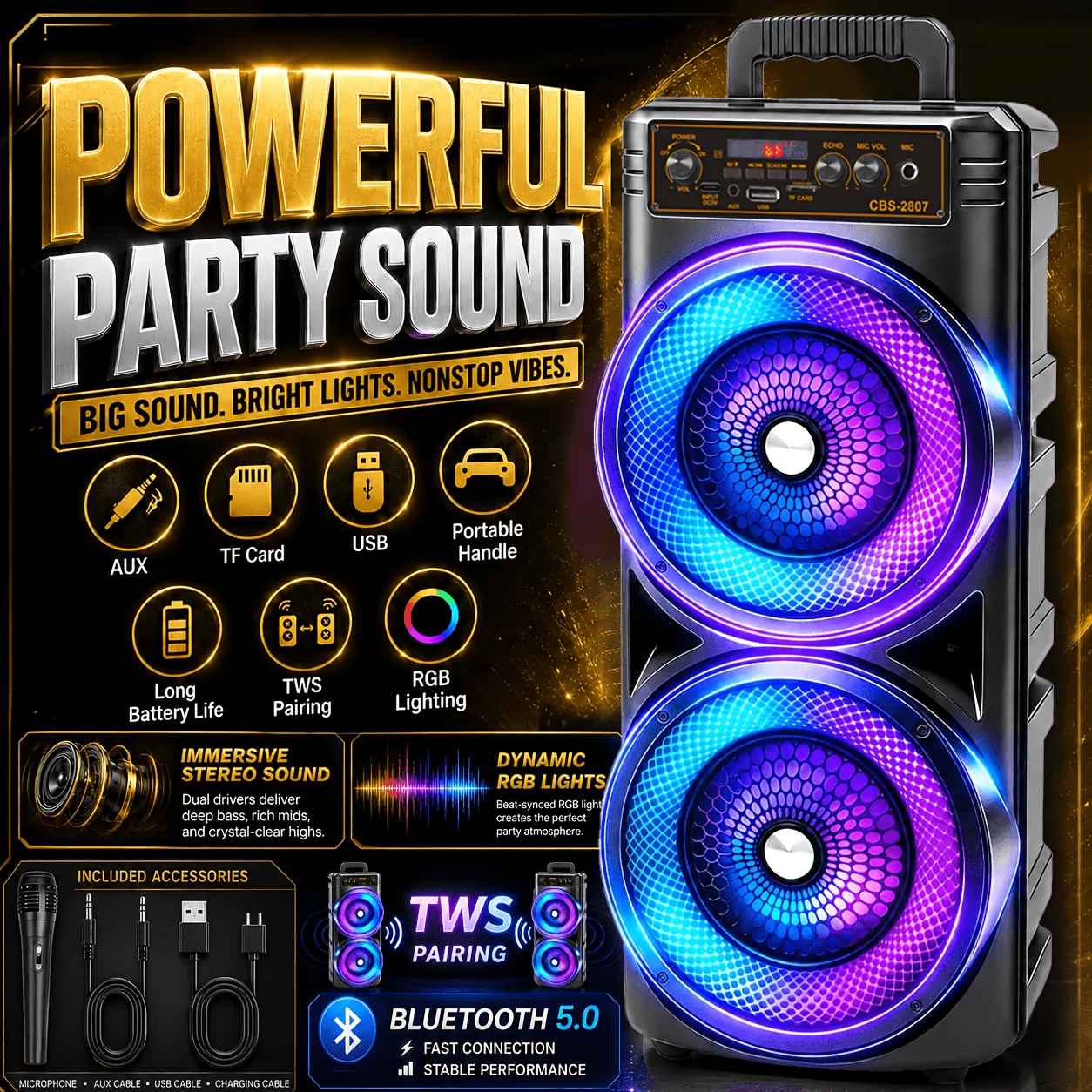 Image of Portable Wireless Bluetooth Speaker, Bluetooth 5.3 With Led Lights, Tws Pairing, Fm, Mic, Tf & Usb, Suitable For Picnic Party Camping & Holiday Gift For Family Teens For