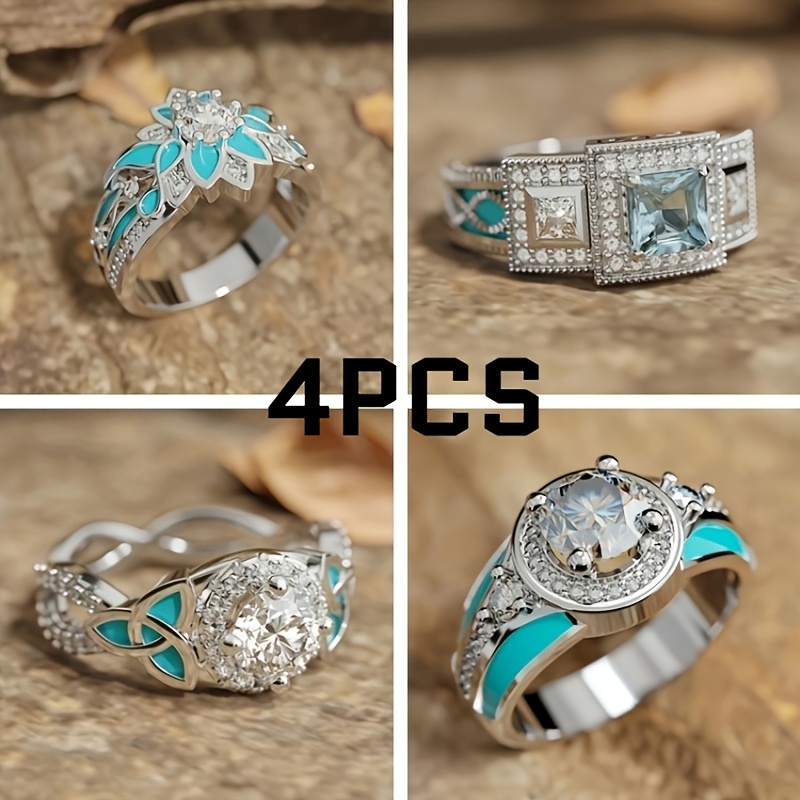 

4pcs Bohemian Style Luxury Turquoise And Zirconia Ring Set For Women - Classic Engagement & Wedding Fashion Jewelry, Perfect Daily Accessory Gift For Girlfriend And Lover