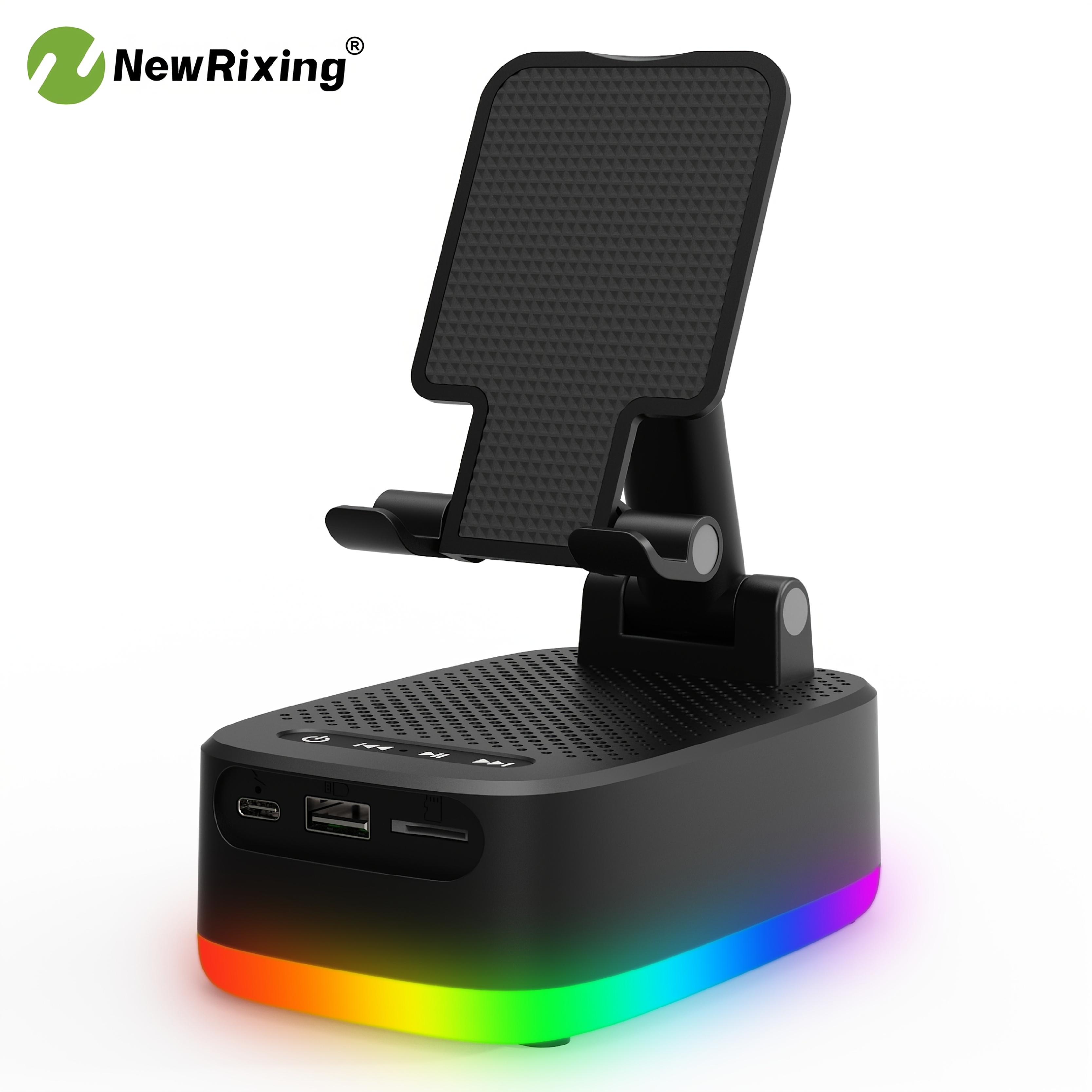 TEMU Newrixing Batería de 3000Mah 6W Altavoz Inalámbrico Portátil, Soporte para Teléfono, Power Bank Móvil, Base Antideslizante, TWS, Luces RGB,