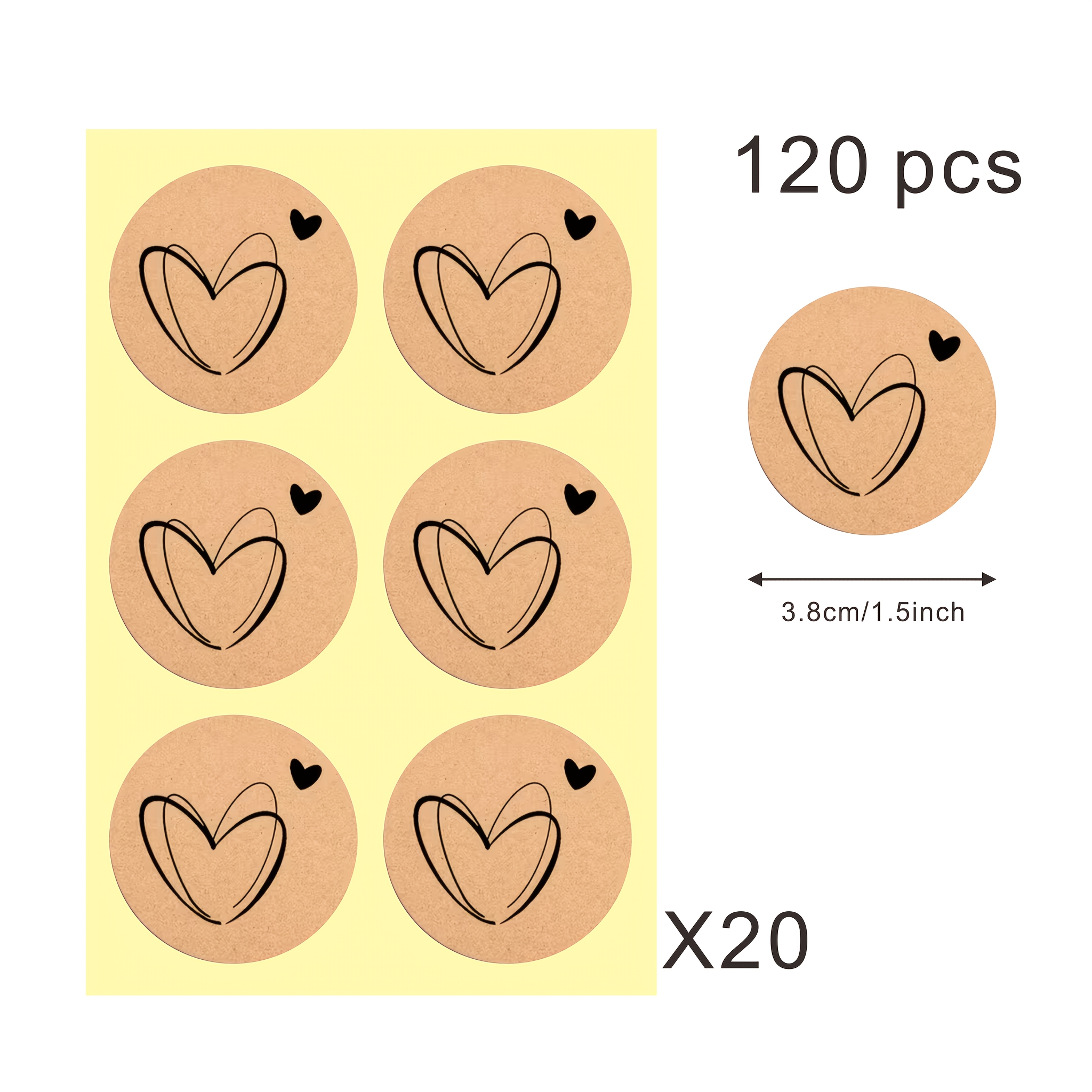 TEMU 120 pz, Etichette da Regalo Marrone, Adesivi da Regalo Rotondi con di Cuore e Piccolo Cuore d'Amore, Etichette Decorative per Sacchetti di