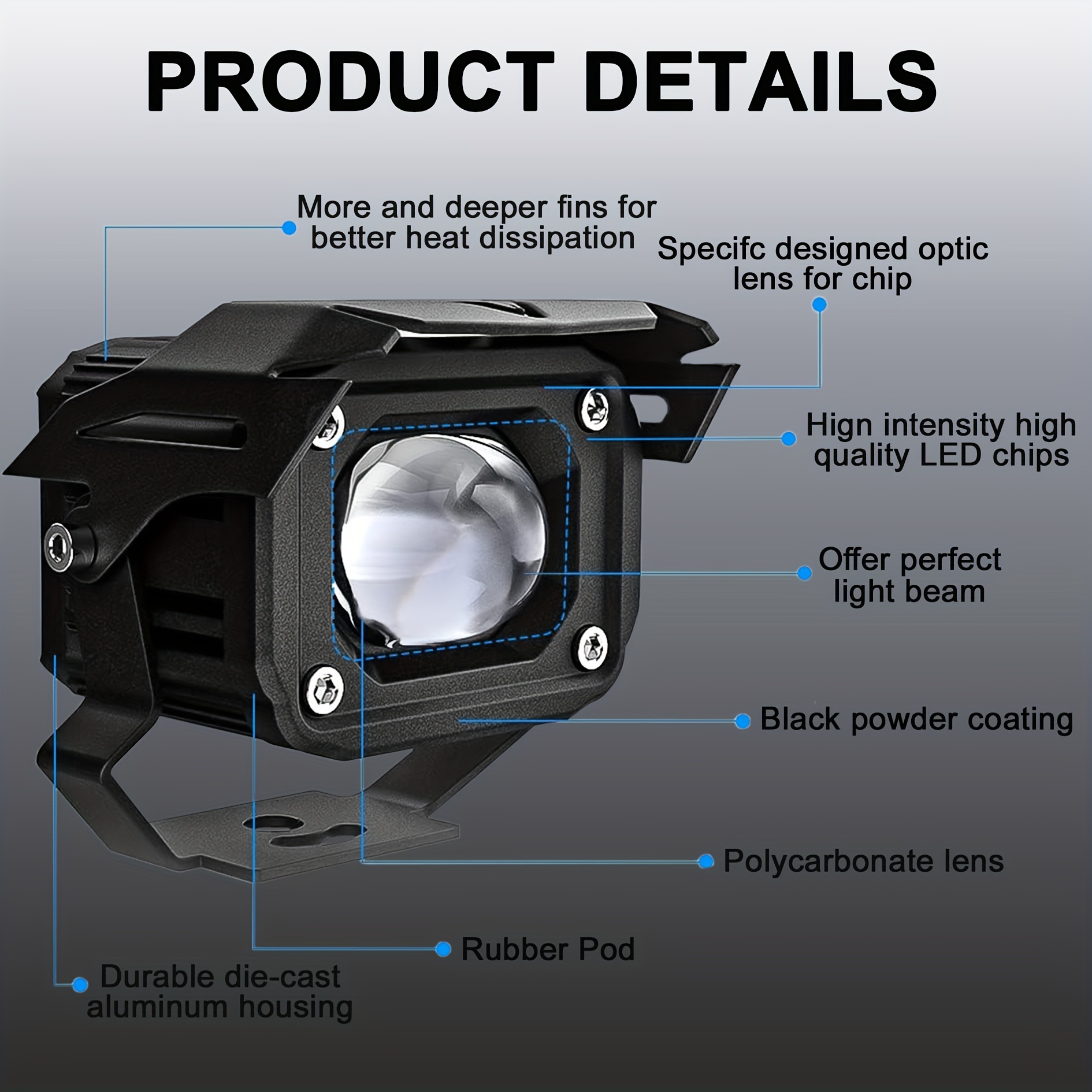 Motorcycle and dustproof Auxiliary Lights, LED Driving Lights White Color Offroad Work Lights Pod, fit for motorcycle SUV ATV Boat E-Bike Tractor etc details 3