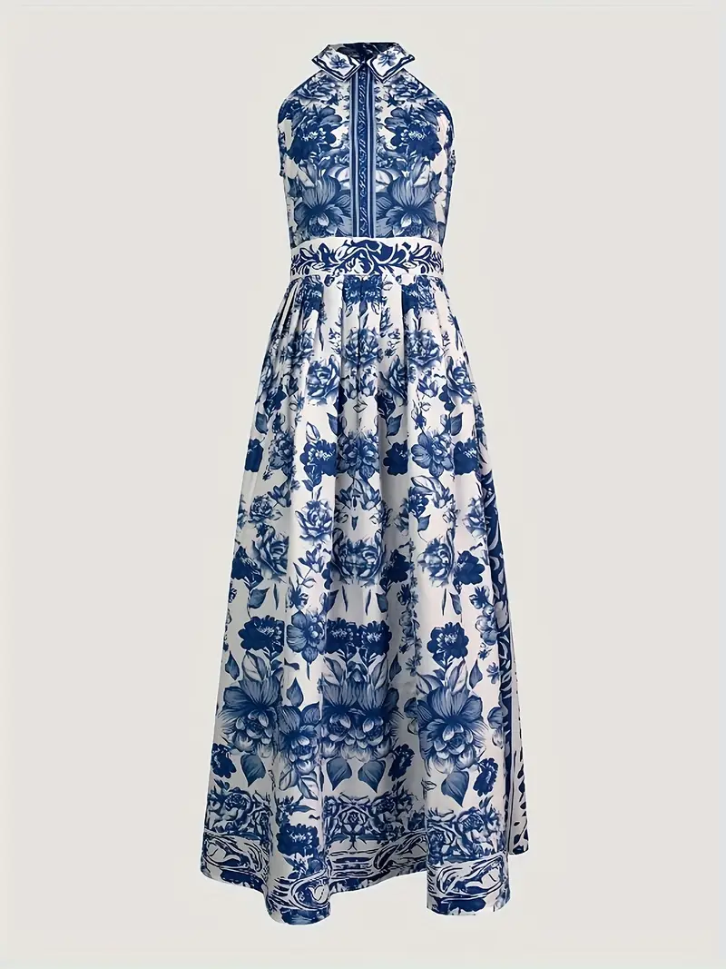 womens a line loose fit sleeveless maxi dress with floral print lapel collar and split joint design spring summer and vacation casual wear cute dress Product details 2