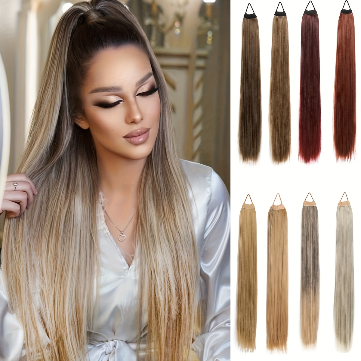 

Elegant Women's Ponytail Extension, 28 Inch Long Straight Synthetic Hair, Hairpiece - Suitable For All, Ombre In Blonde/brown/red/silvery, Fiber