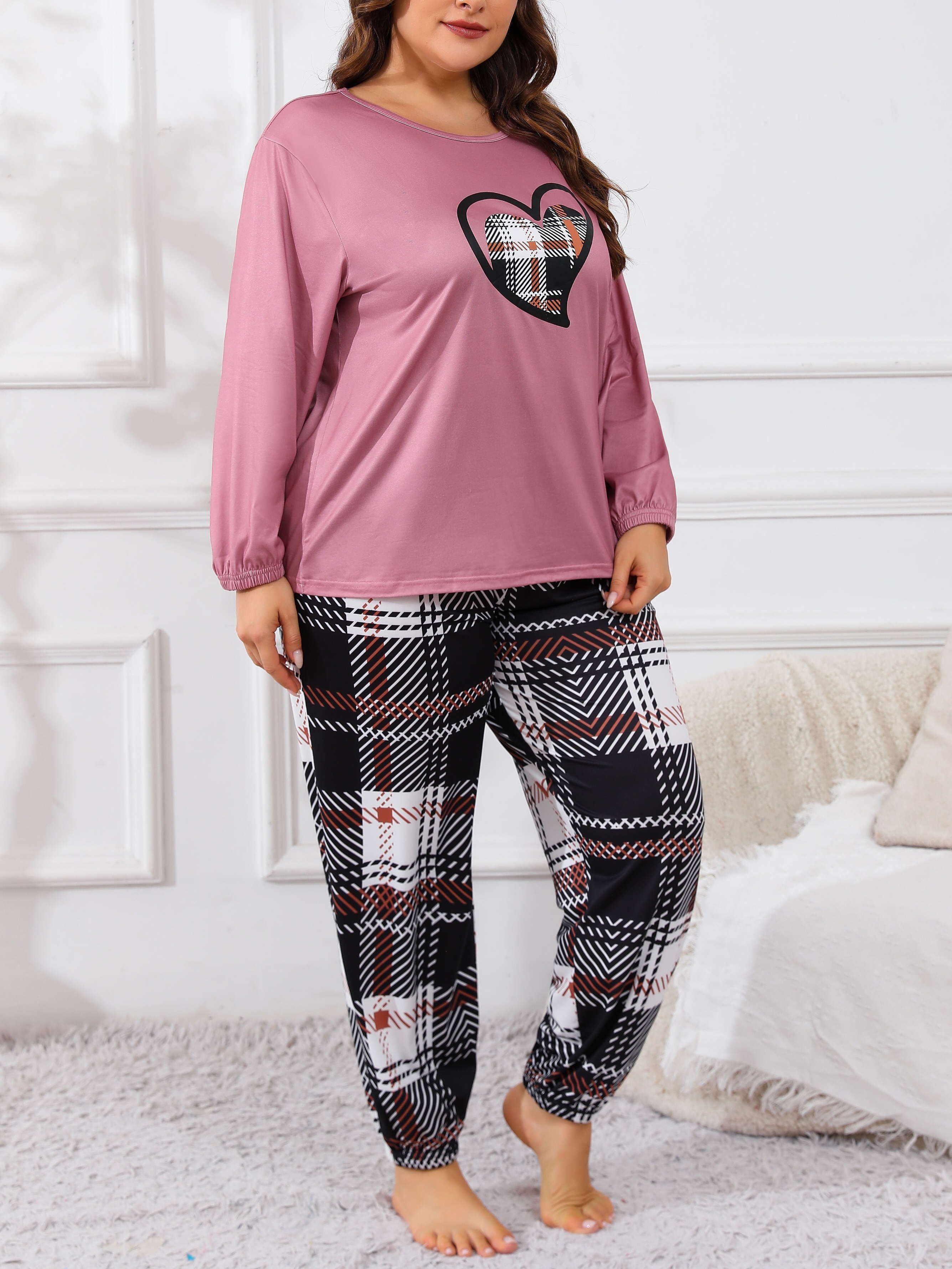 plus size casual pajama set womens heart print long Temu United