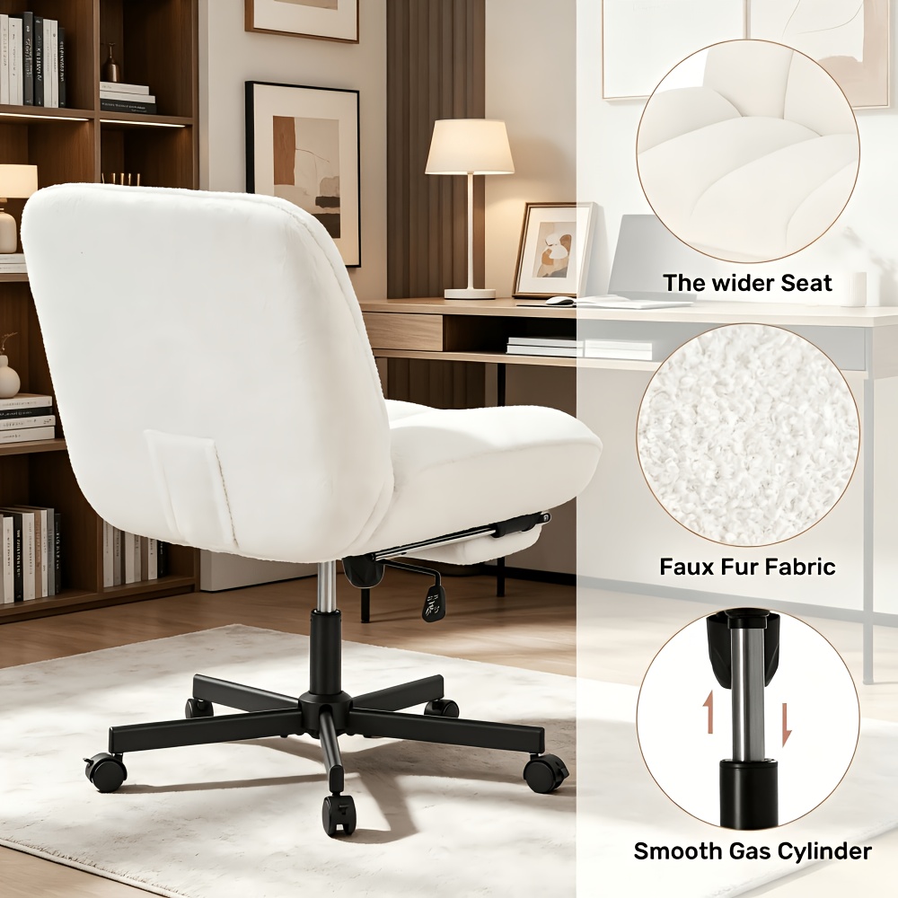 Vanity Chair with Footrest, Teddy Fleece Vanity Chair, Height Adjustable Swivel Desk Chair, 90°-120° Recline, with Wheels, for Bedroom, Home Office, Makeup