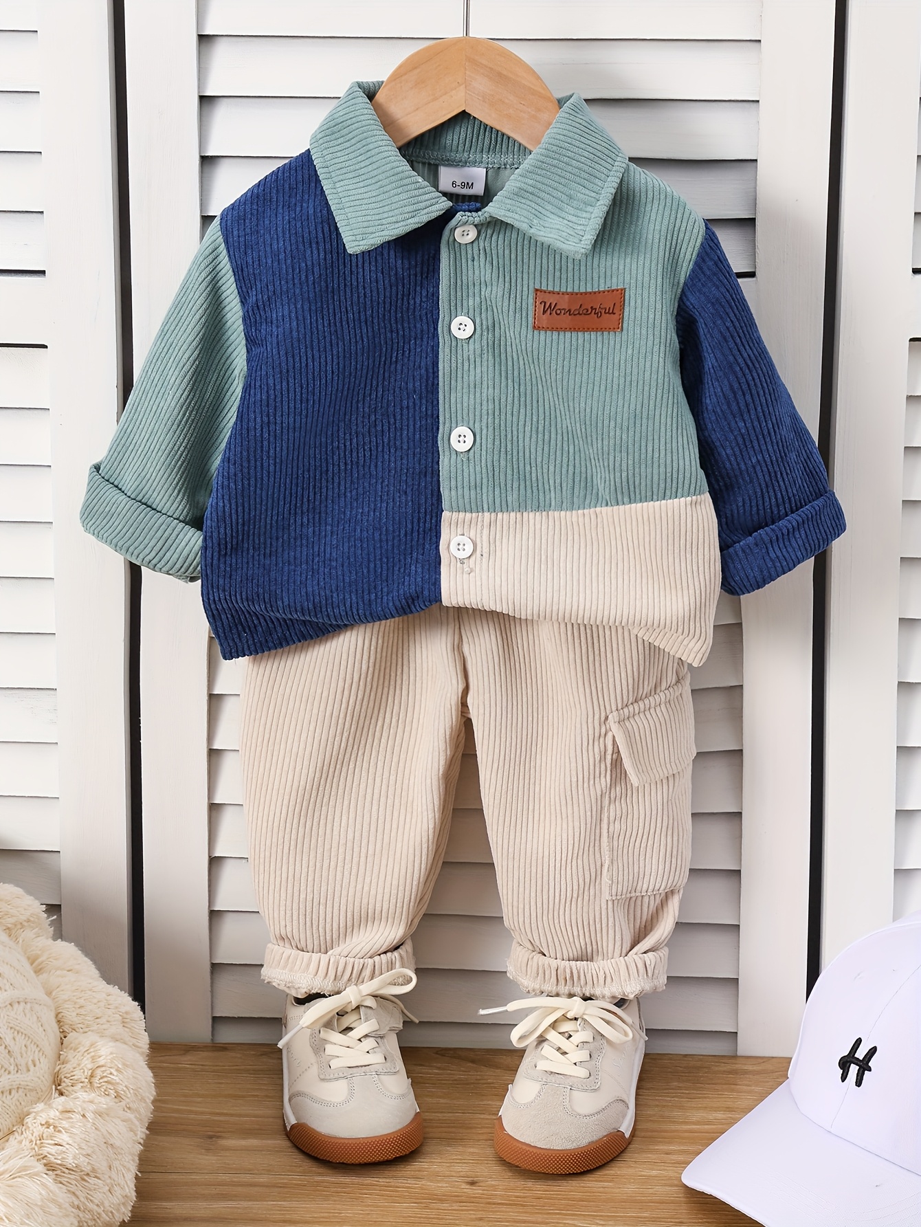 boys autumn     turn collar button long sleeve top peach color elastic waist pants outfit casual two piece set for outdoor Product details 5