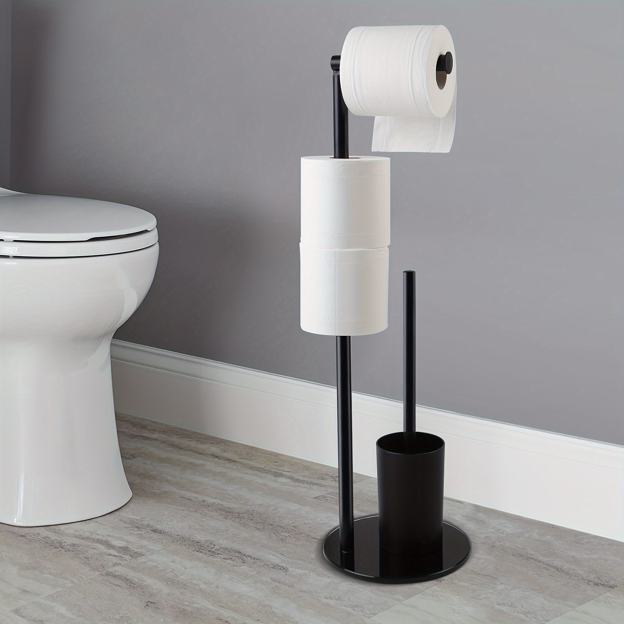 TEMU Freestanding Toilet Paper Holder With Toilet Brush, Stainless Steel Toilet Paper Holder Stand, Tempered Glass Base, Bathroom Toilet Paper Roll