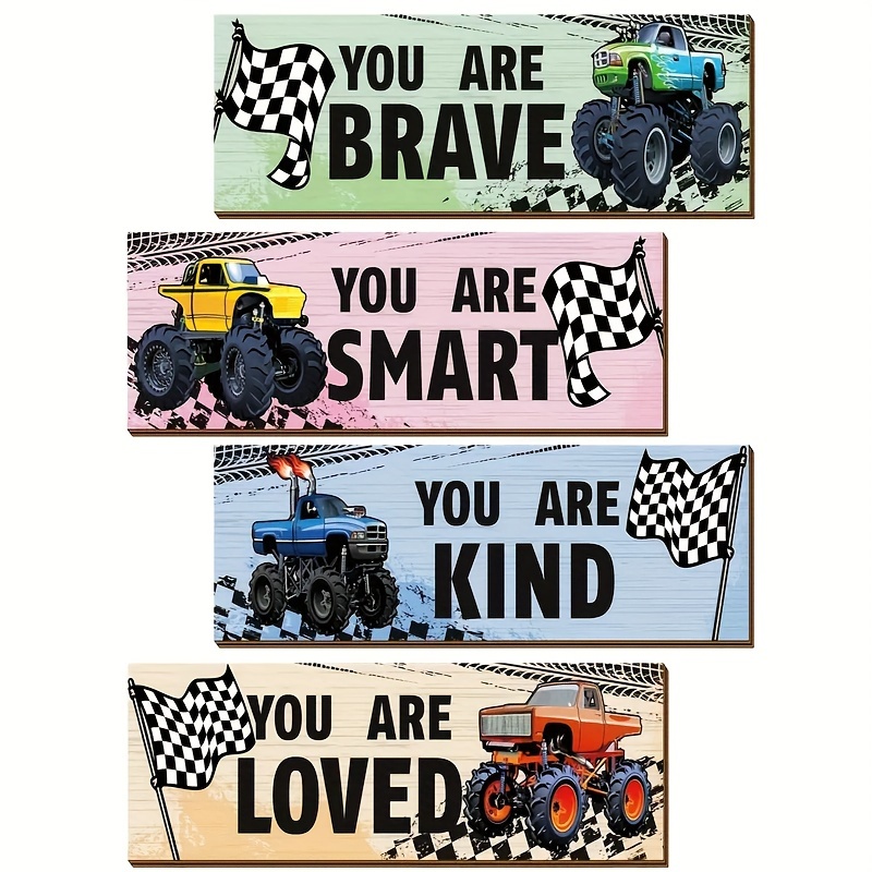 TEMU Ensemble de 4 Panneaux Muraux Inspirants en Bois - Citations de Motivation & Voitures de Course de Dessin Animé - pour Décoration de Chambre &