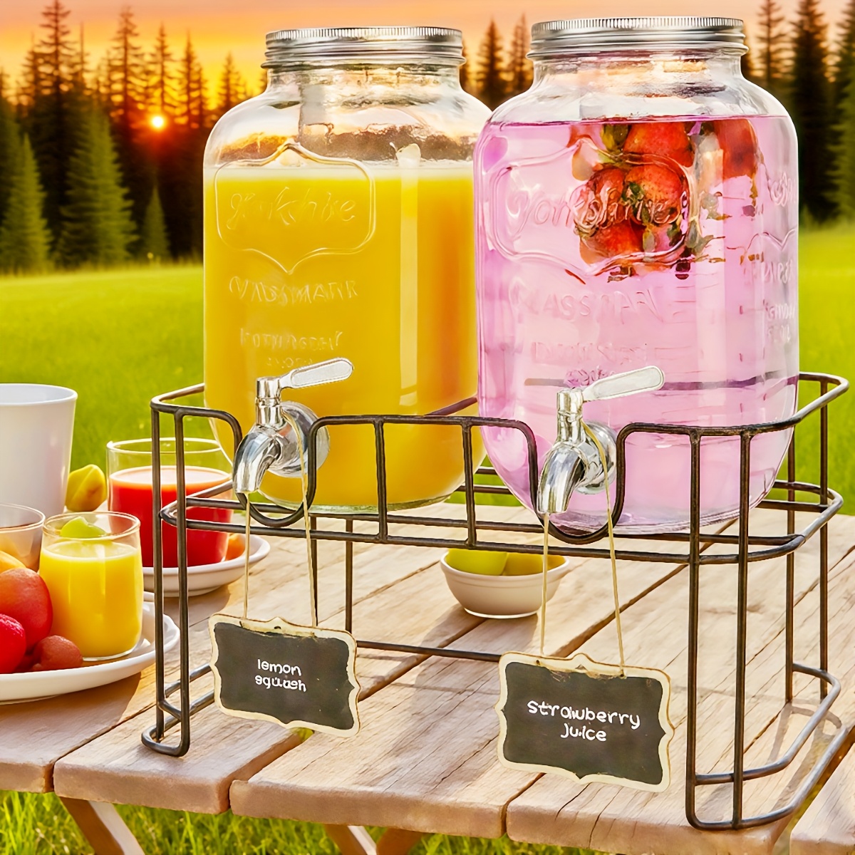 2pcs 1 gallon glass beverage dispenser set with stand and stainless steel spigot leak proof lemonade dispenser with   ideal for kitchen camping parties halloween and christmas