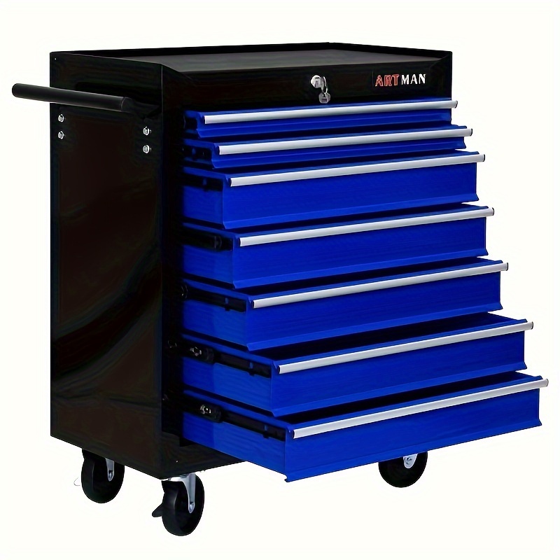 

7-drawer Meatl Rolling Tool Chest With Wheels, Tool Storage Cabinet With Locking System, Toolbox With Wheels For Garage, Warehouse, Workshop, Repair Shop-black+blue