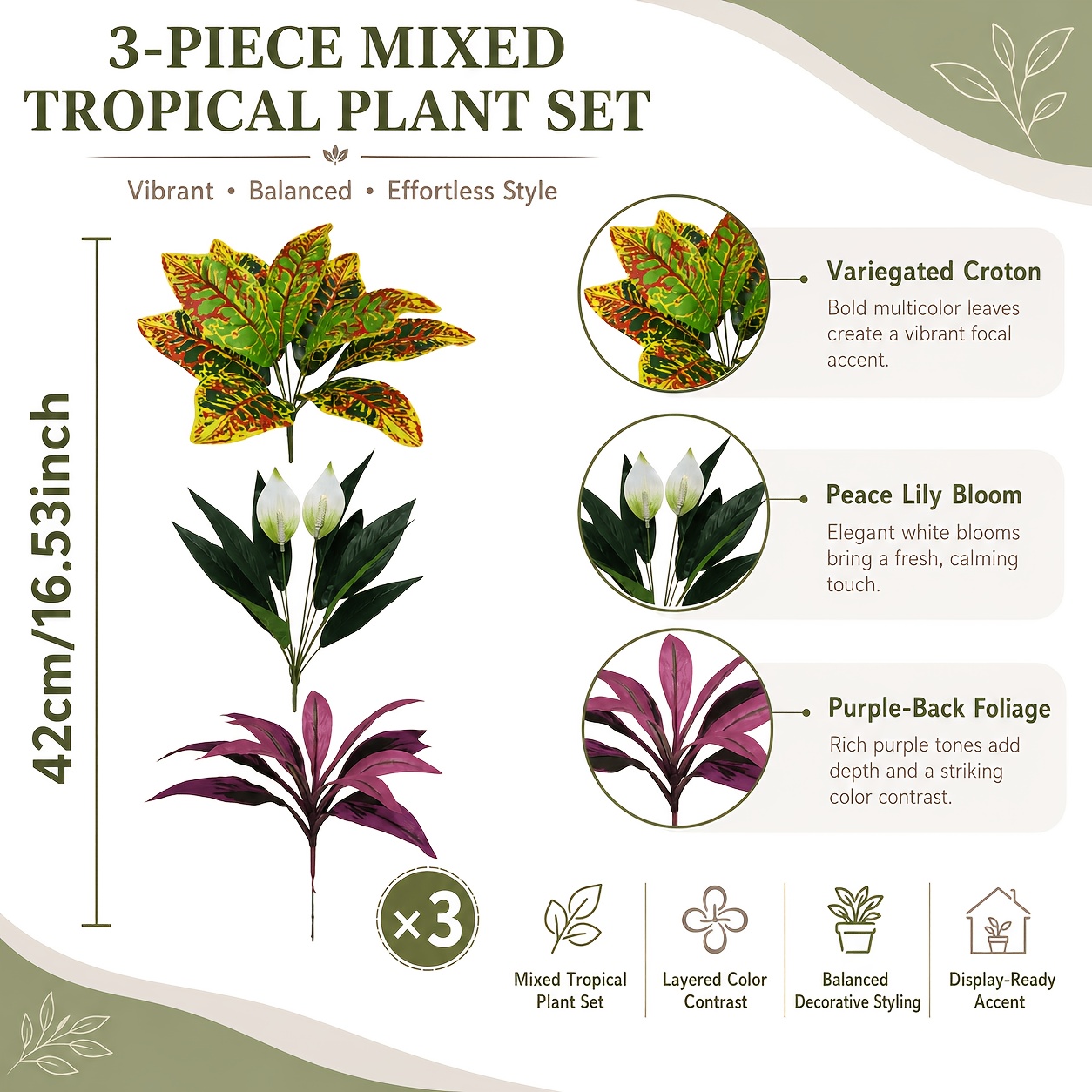 TEMU 3pcs Artificial With Purple-backed And Tiger-striped Leaf Plants, Perfect Autumn Decoration Artificial Greenery. Suitable For Indoor/outdoor,
