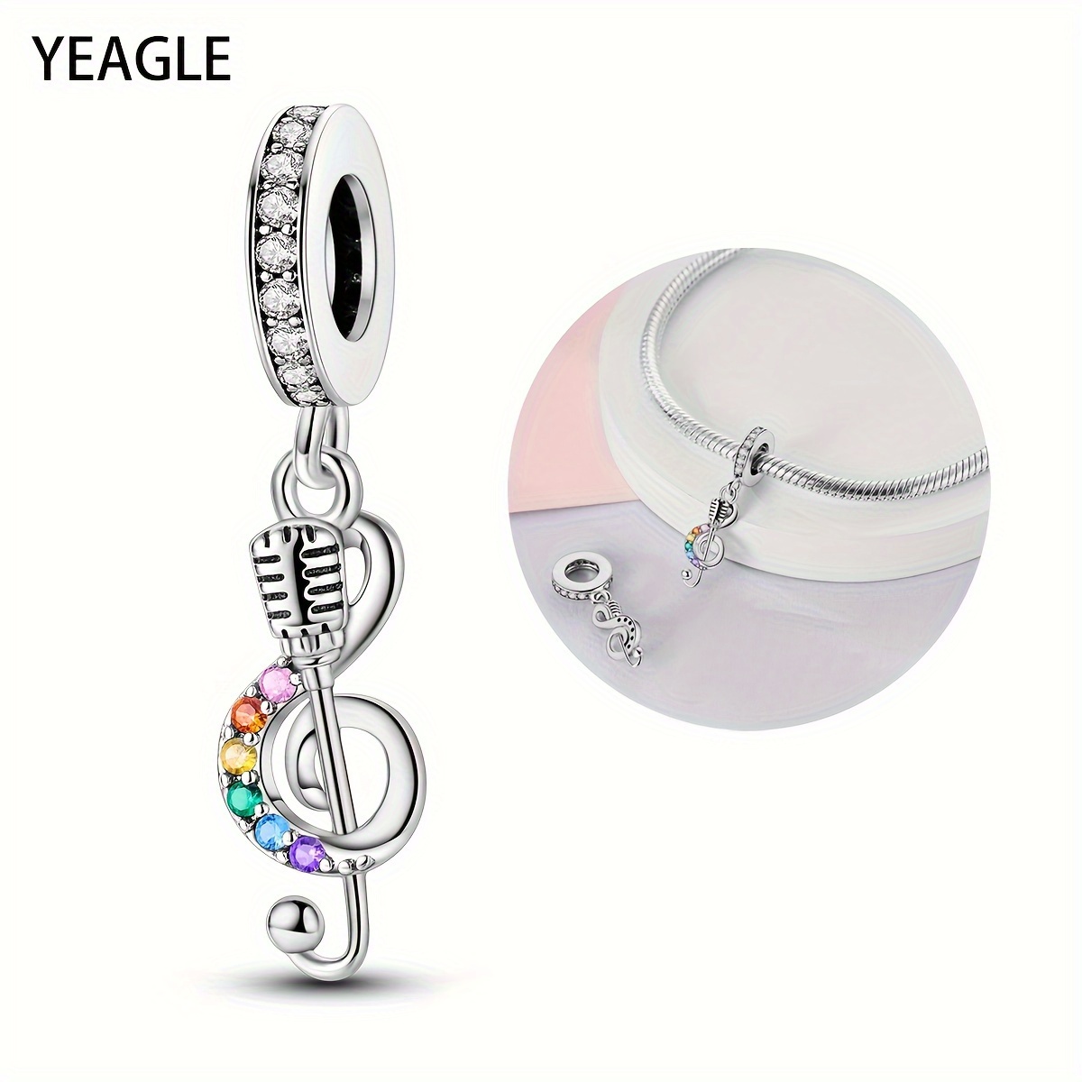 

1pc Silvery-plated Music Note & Microphone Charm With Sparkling Zirconia - Diy Snake Chain Bracelets, Necklaces & Jewelry Crafting