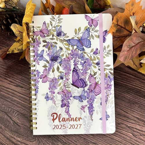 floral print monthly planner calendar 2025 2027 blue purple with golden accents spiral bound with elastic closure 36 month organizer for daily planning gift artistic cover elastic secure closure