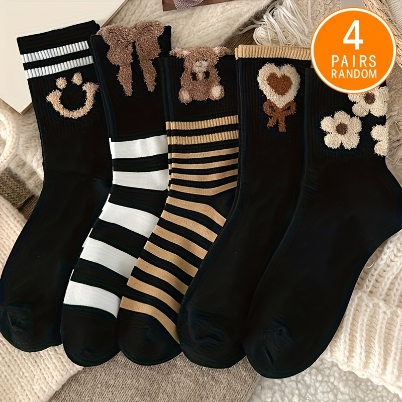 TEMU 4 Pairs Women's Cute Bear And Heart And Flower And Bow Pattern Mid-calf Socks, Fashionable And Comfortable, Colors Random, Suitable For