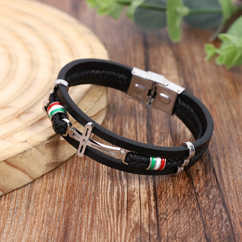 Image of A Black Woven Faux Leather Bracelet For Men, Featuring A Silvery Cross And Colorful Ring Decorations, Suitable For Everyday Wear, Personal Additions, Gift , And Trendy Party Decorations