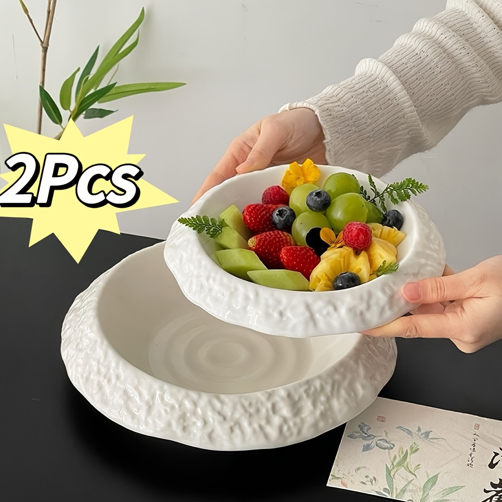 2pcs 10&20.32 cm Textured Rock Pattern Wide Rim Ceramic Plates, Light Luxury High-Grade Large Capacity Deep Plates, Multipurpose for Soup, Dishes & Fruits.