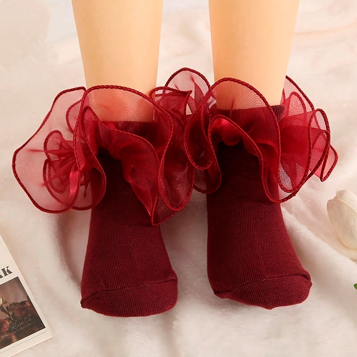 Image of 1 Pair Of Children's Socks For Baby Girls, With Large Floral Lace And Three-dimensional Lace Detailing, Dance Socks