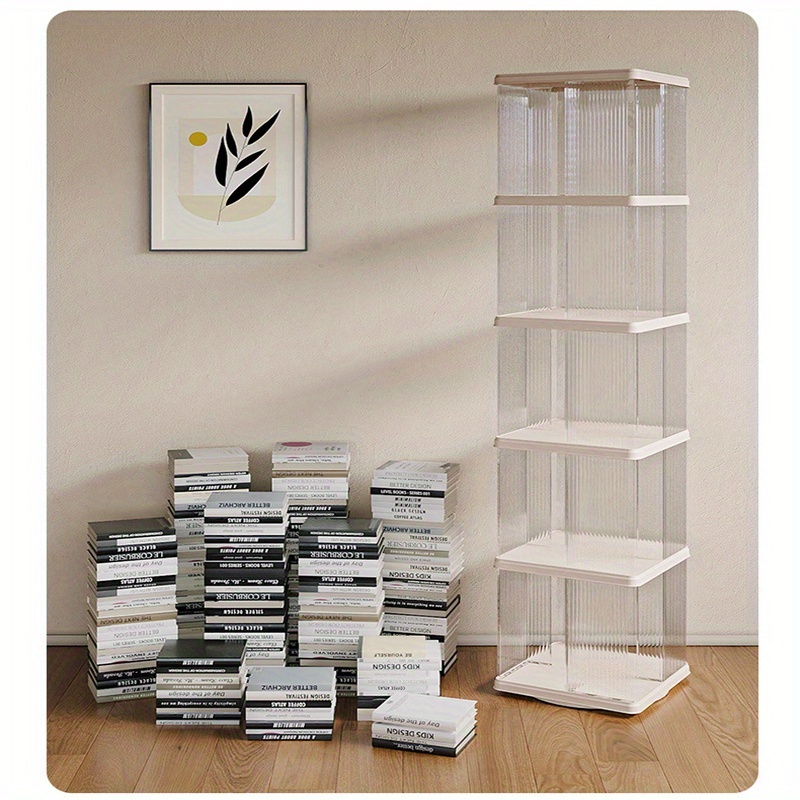 3 tier rotating bookshelf transparent white plastic storage rack for home office freestanding multi shelf organizer with wheels books decor and supplies decorative display versatile shelving book shelves details 3