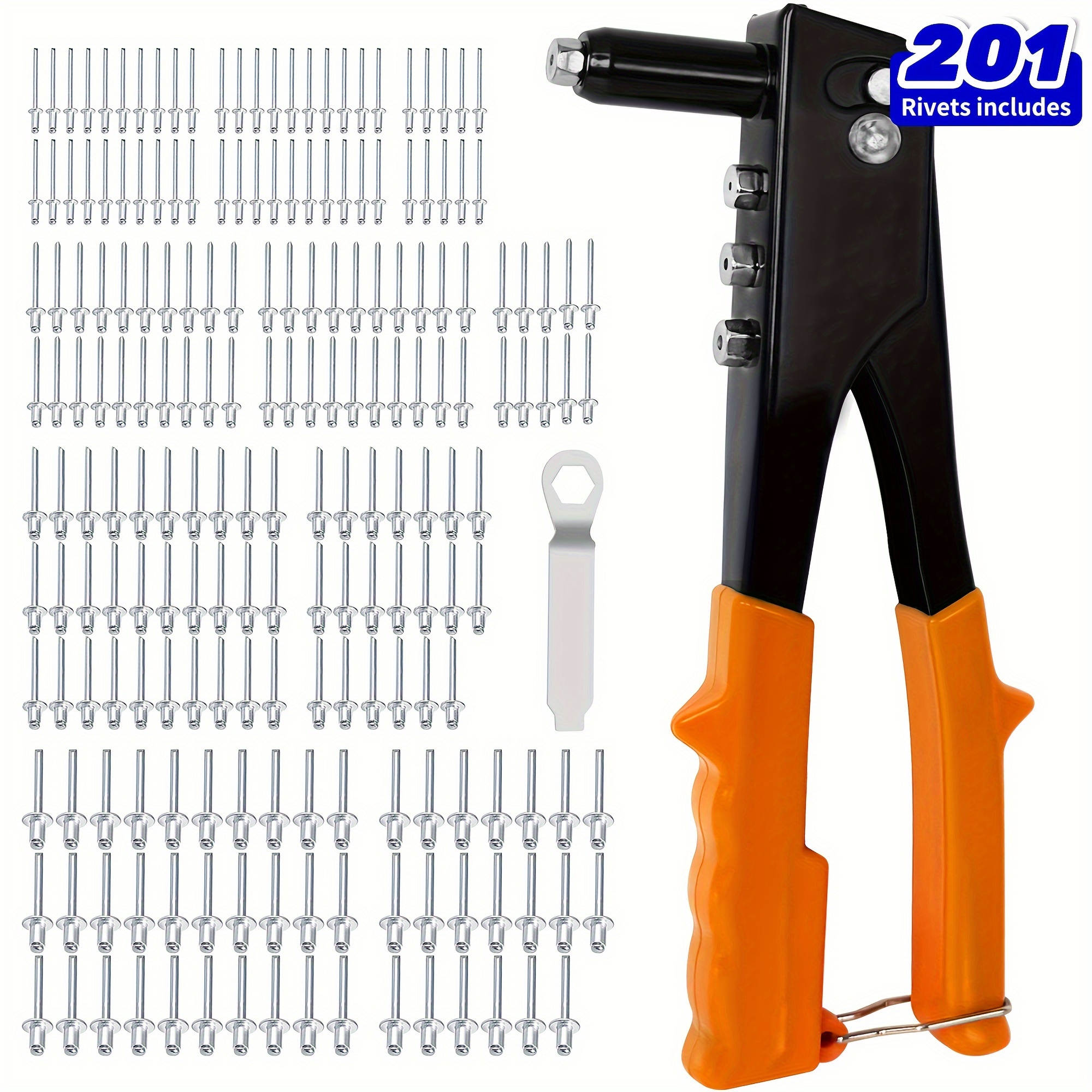 

Outil à rivets 4-en-1, pistolet à rivets, kit d'outils avec 200 rivets - 3/32 pouce, 1/8 pouce, 5/32 pouce, 3/16 pouce, 4 embouts interchangeables, adapté pour le métal