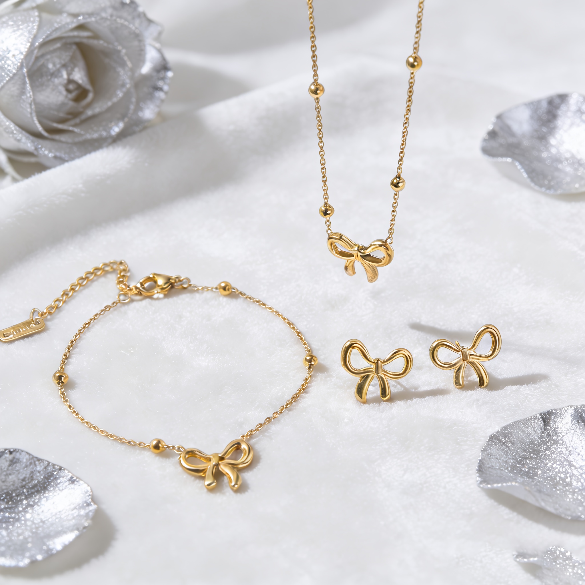 TEMU 2d Flat - 4pcs Minimalist Elegant Bow Pendant Earrings Bracelet Necklace Set, Geometric Flat Snake Chain Additions With A Sophisticated And