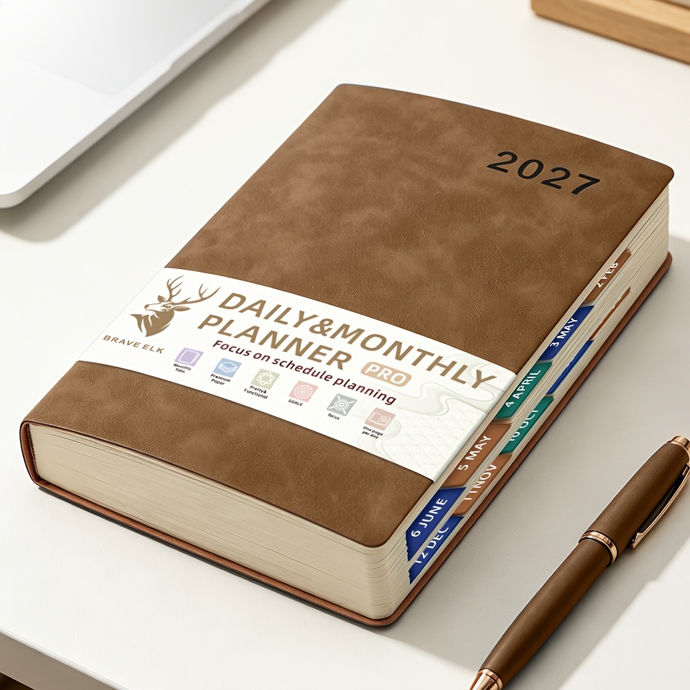 TEMU 2027 Planner Hardcover A5 | 400 Pages Daily & Monthly Planner 2027 With Ribbon Bookmarks & Color Side Index | Soft Faux Leather Cover, Binding |
