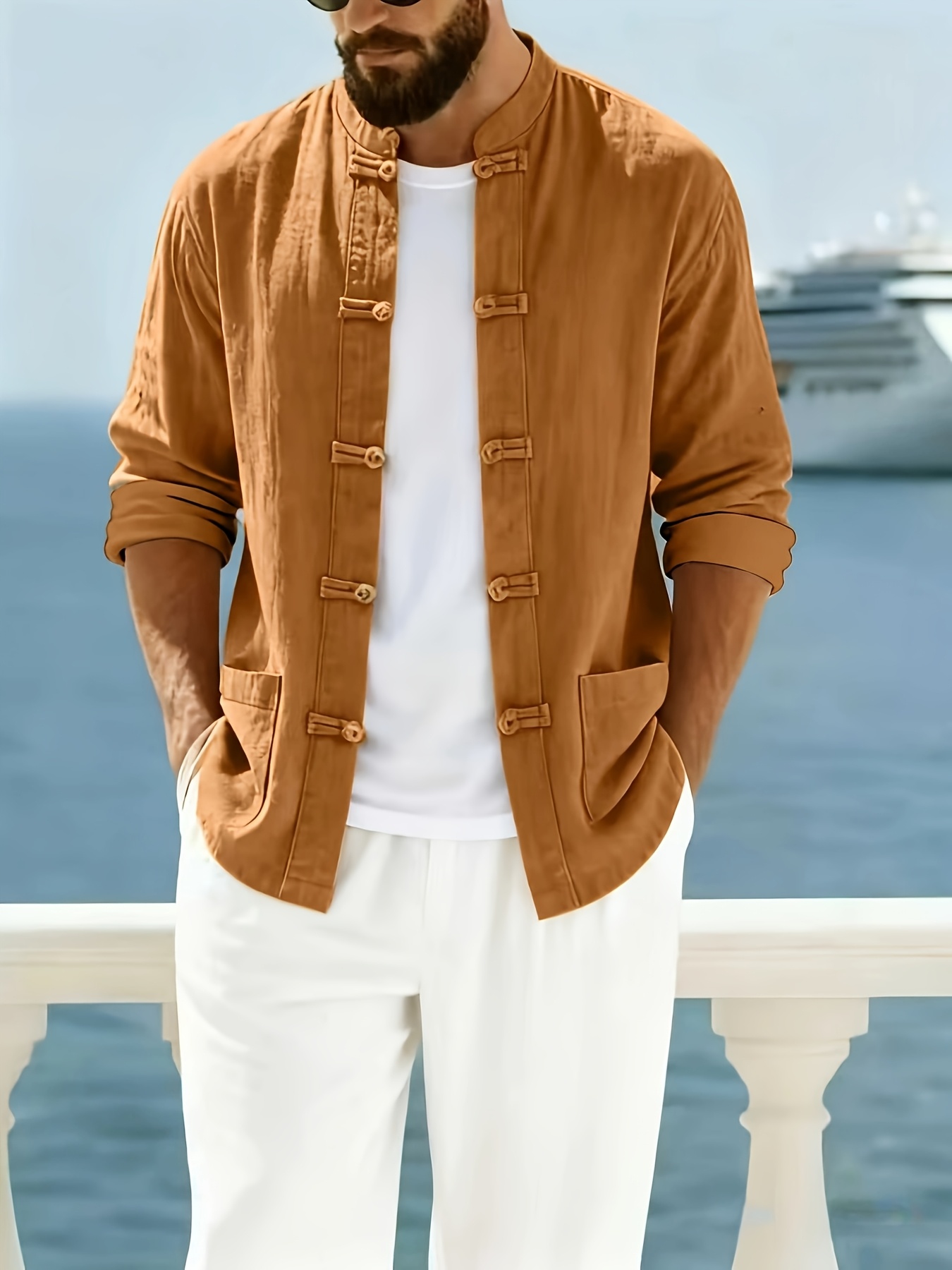 Men's Four-Season Long-Sleeve Vacation Style Traditional Chinese Style Button- Stand Collar Shirt Casual Commuter Style, Chinese Size, Please Check The Size Guide Carefully