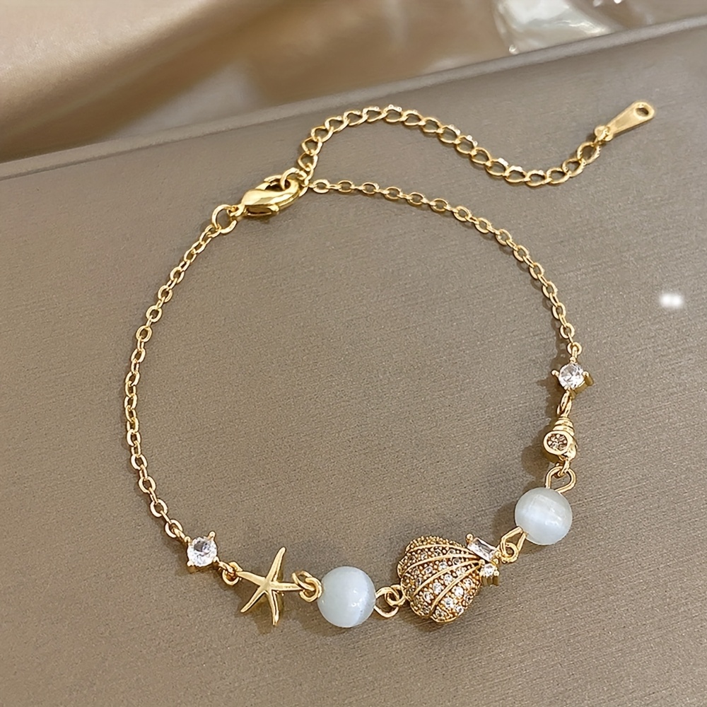 E-shop Böhmisches Edelstahlarmband für Damen Herren Elegantes Eingefasstes Strass Muschel Anhänger Seestern Opal Perlen Charm Anhänger Armband