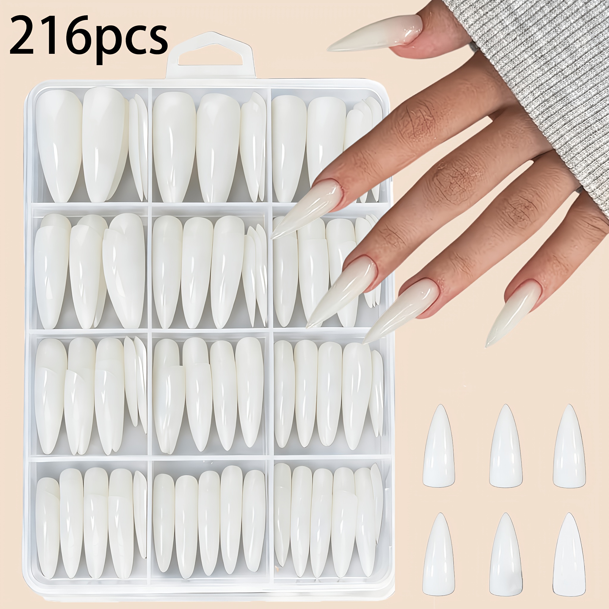 TEMU 216pcs White Long Pointed Press-on Fake Nails, White Long Teardrop Easy False Nail Tips, 12 Sizes Available, Full Cover Artificial False Nails