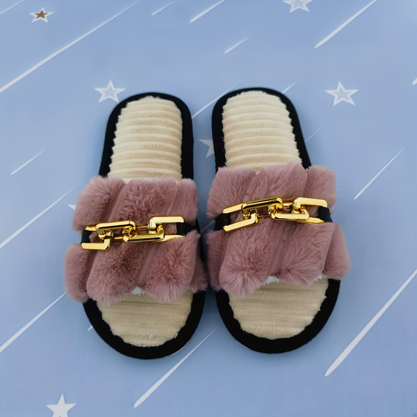 Image of Toe Slippers Chain Ribbon Decoration Fashion Couple Indoor Home Floor Slippers, Women Shoes