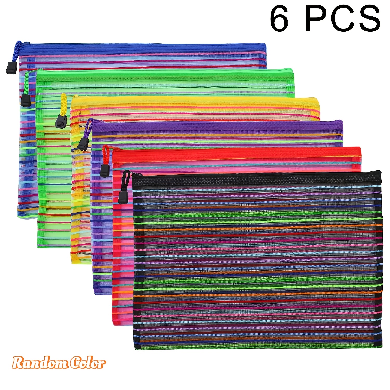 TEMU 6/12 pezzi A5 Sacchetto a rete con cerniera per pz, colori casuali 24 cm x 18 cm Astuccio per matite Borsa per documenti con cerniera da viaggio