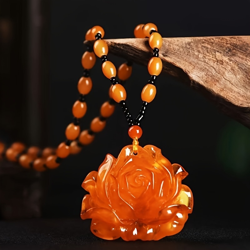 Image of 1pc Genuine Natural Artificial Jewelry Pendant, Wealth And Peony Pattern, Men's And Women's Artificial Pendant Rope Necklace, Genuine Mysterious Shui Artificial Pendant