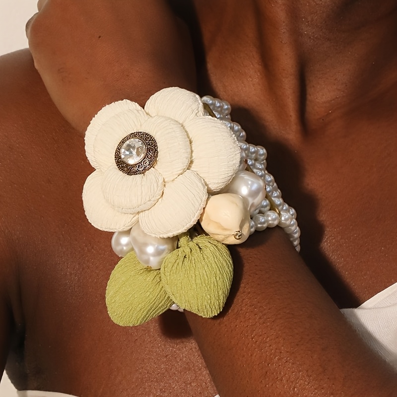 

Bohemian Pearl And Polyester Flower Bracelet - Elegant, Accessory For Any