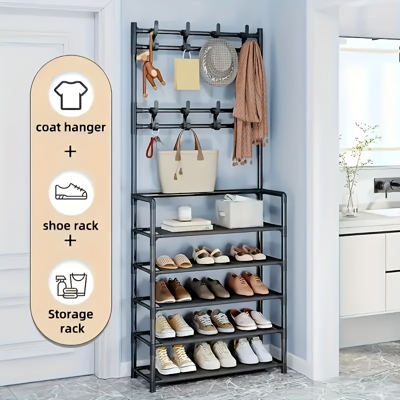TEMU Coat Rack, 5-tier Multifunctional Metal Coat Rack With 8 Double Hooks - Space-saving Storage Solution For , Living Rooms, Bathrooms And - Separate Entryway Shoe Rack For Space