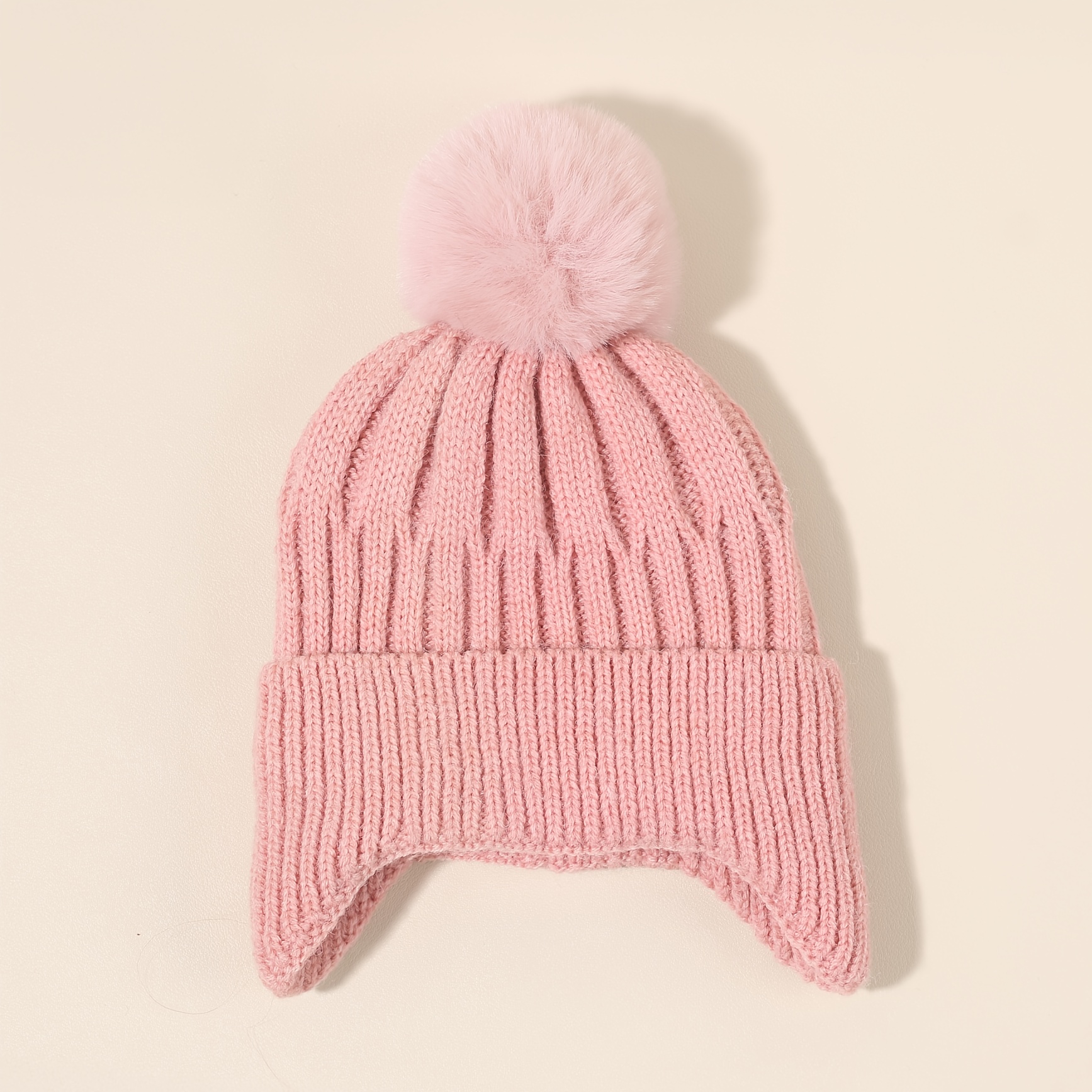 Image of Toddler & Pom-pom Striped Knit Beanie - Soft Breathable Acrylic Stretch Ear Warmer Cap, Lightweight Warm Winter Hat For 0-3 Years Old, Christmas & New Year Outfits, Casual Outdoor Wear