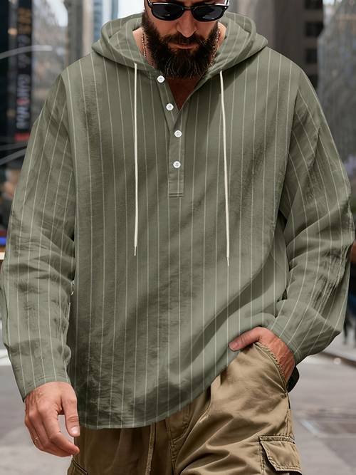 Artikelbild herren leinen henley shirt mit streifen und kapuze, leichtes und atmungsaktives langarm-pullover-top mit knopfleiste und kapuzendesign mit kordelzug, mit lockerer passform, für , reisen, strandurlaub