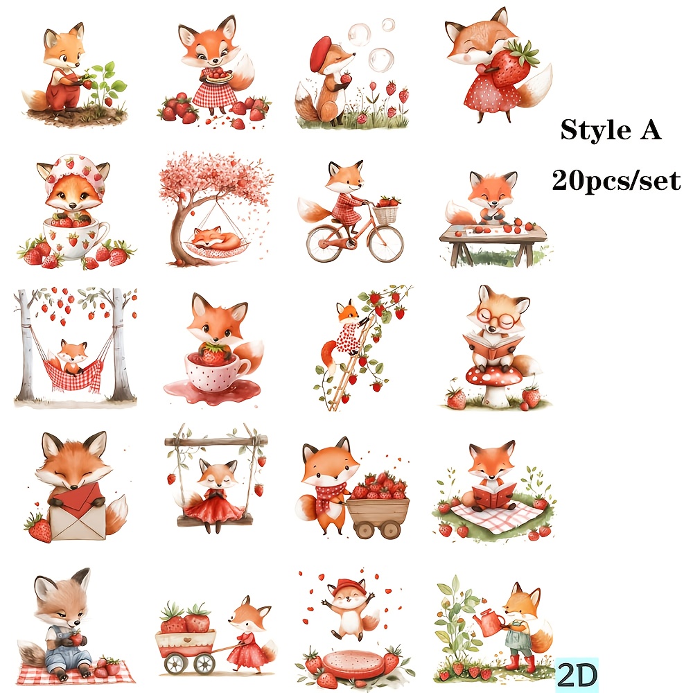 20pcs/set Vintage Strawberry Fox Animals Handcrafted Sticker Decoration 2d Flat