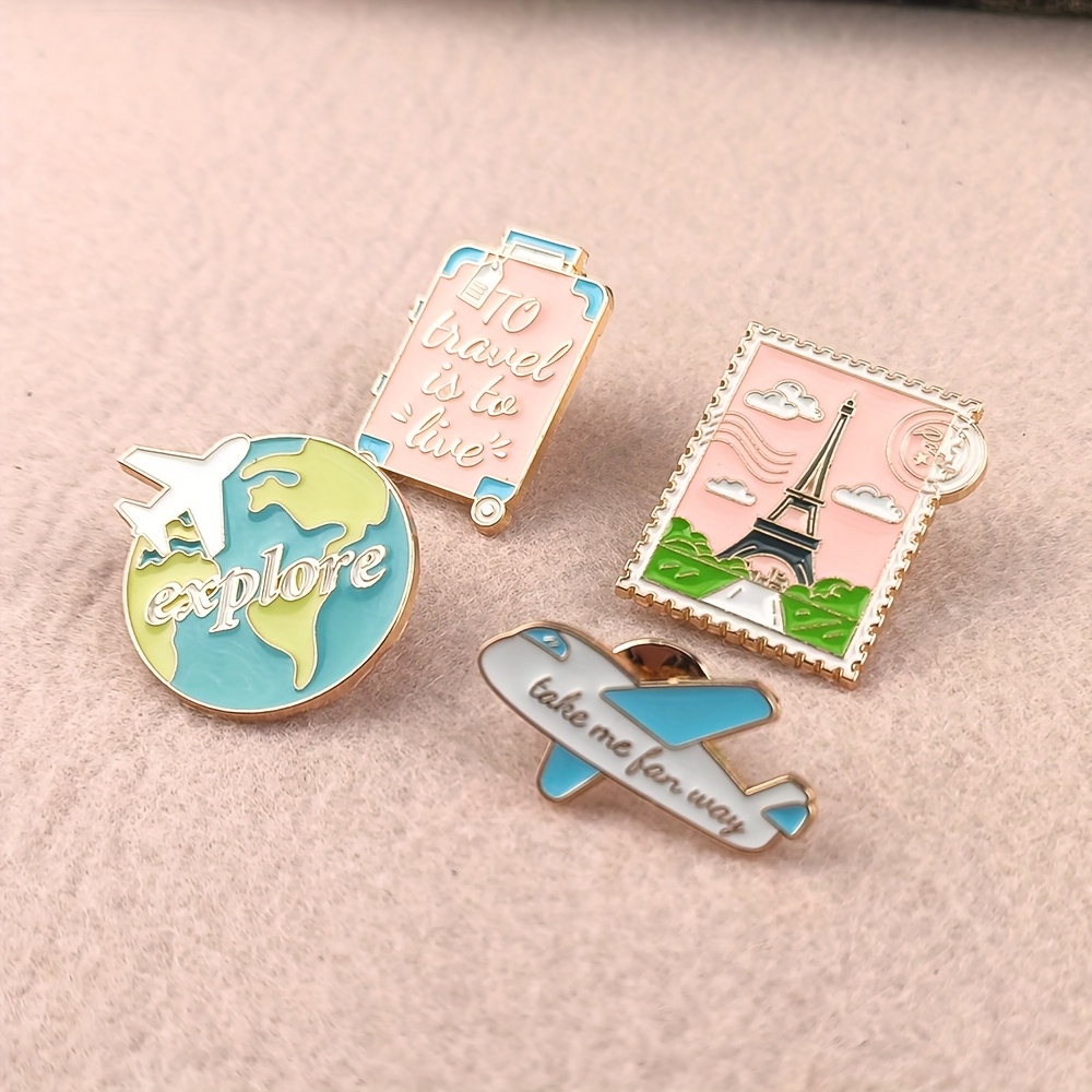 TEMU 4pcs Broche Commémorative de Voyage Minimaliste du Monde, Broche en Alliage Modèle de Tampon de Valise d'Avion de Dessin Animé