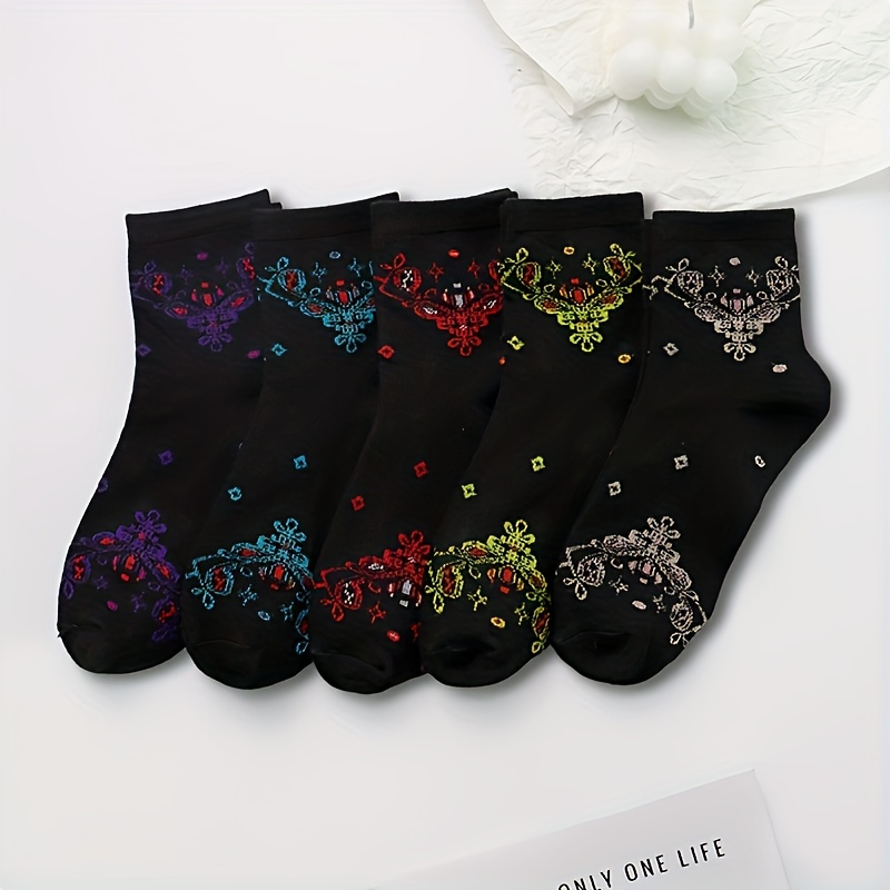 Image of 5 Pairs Floral Print Socks, Comfy & Breathable Mid Tube Socks, Women's Stockings & Hosiery