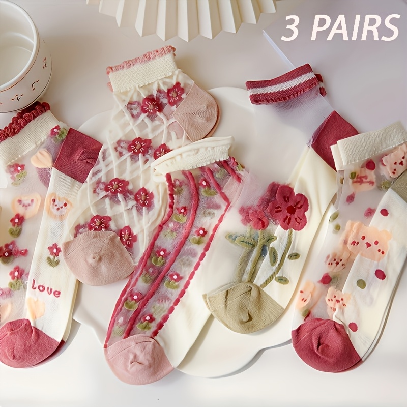 TEMU 3 Pairs Floral And Bear Pattern Ankle Socks, Fabric, Spring/summer Collection, Hand Wash/, 95%, 5%