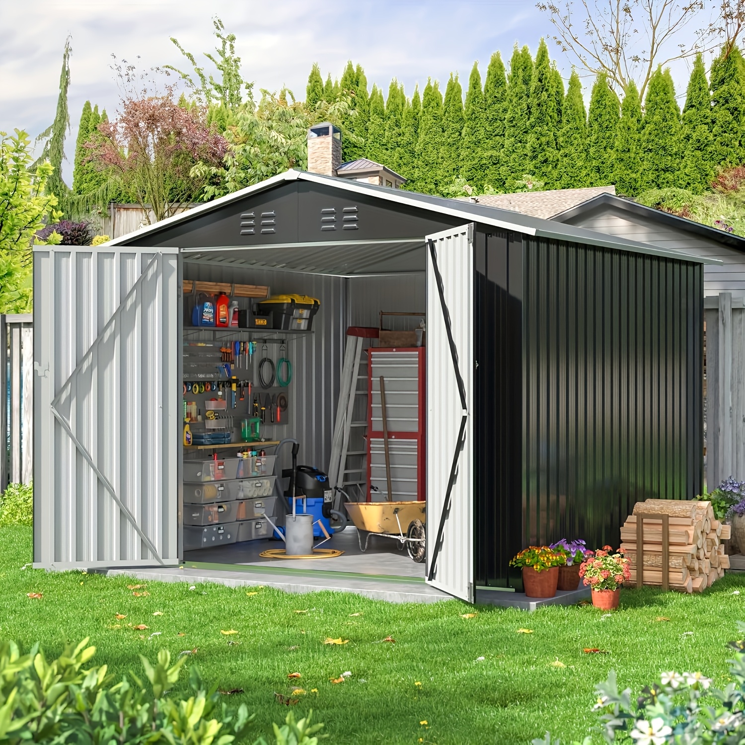 TEMU 8'x8' Outdoor Storage Shed, Large Garden Shed, With Vent. Reinforced And Lockable Doors Frame Metal Storage Shed For Patio, Backyard, Garage,