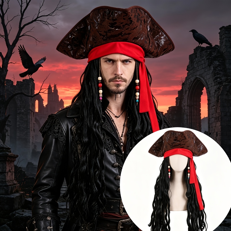 TEMU Black Long Curly Pirate Wig, Vintage Costume Party Prop, With Red Beaded Headscarf, Cosplay Wig, Carnival Performance Pirate Wig, -one Costume