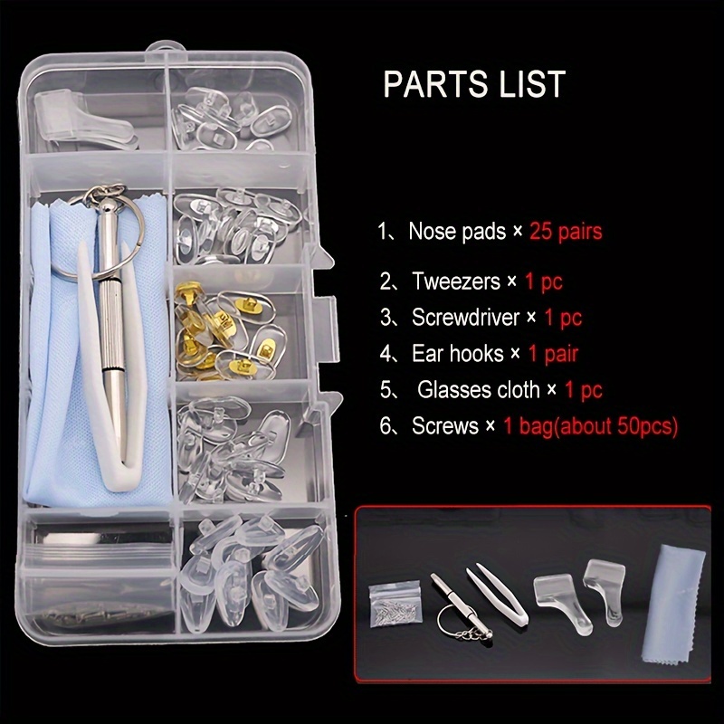 TEMU 6-in-1 Eyeglasses Repair Kit: Includes 25 Of Pvc/nitrile , Ear Hooks, Cloth, , Screwdriver, And 50+ For Maintenance