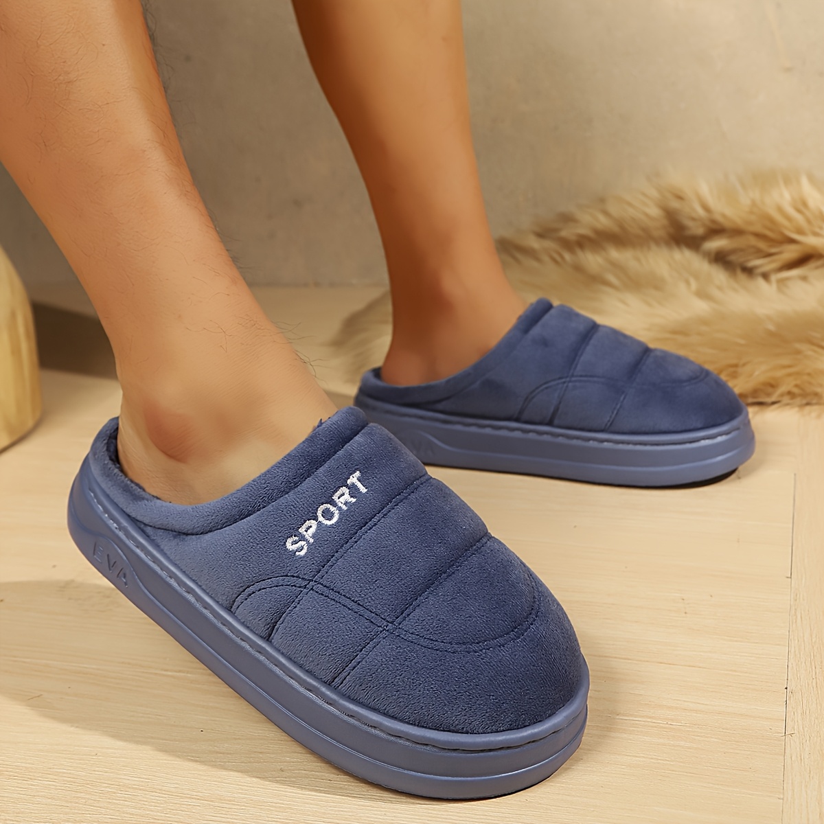 TEMU Autumn Winter Men's Home Size Slippers, Easy Solid Color Indoor Shoes, Men's Home Bedroom Plush Slippers