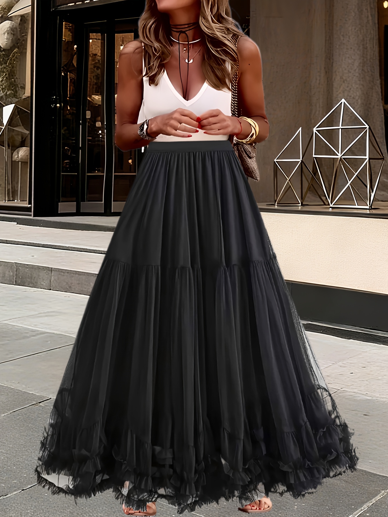 elegant white tulle skirt with colorful polka dot mesh overlay a