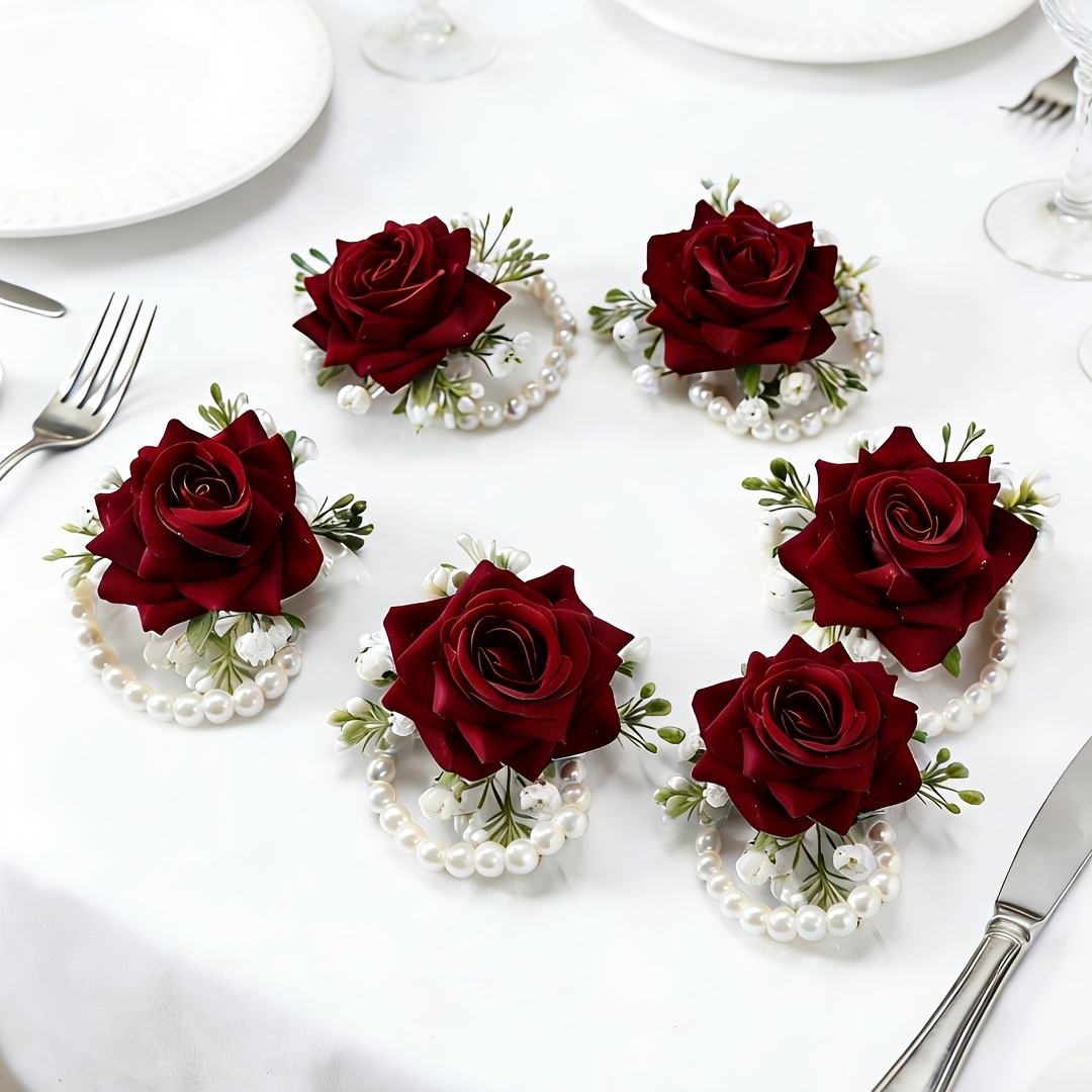 TEMU 6pcs Elegant Fabric Rose Wrist Flower Set, Suitable For Weddings, Engagements - Artificial Rose Floral Additions, Ideal For Bride, Groom, Bridal
